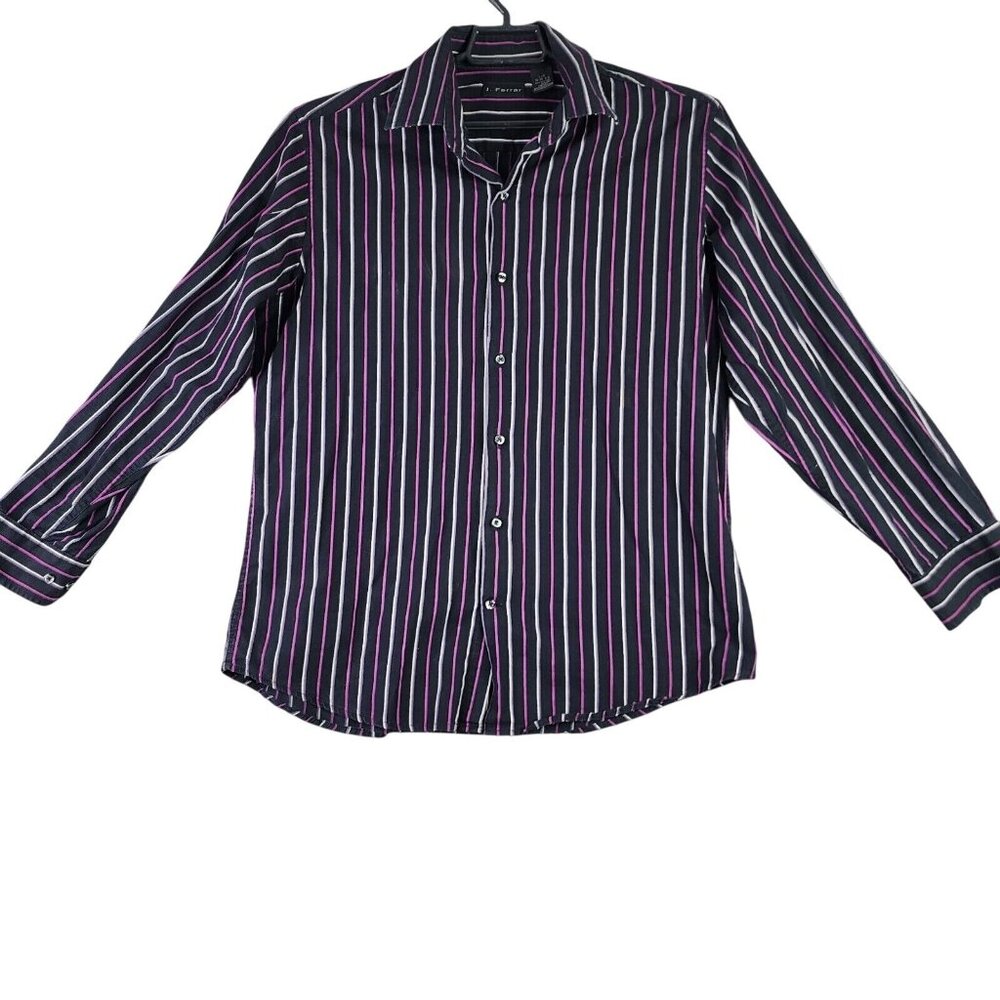 Mens J Ferrar Shirt Button Up Long Sleeve Black Pink Striped Large 16-16.5